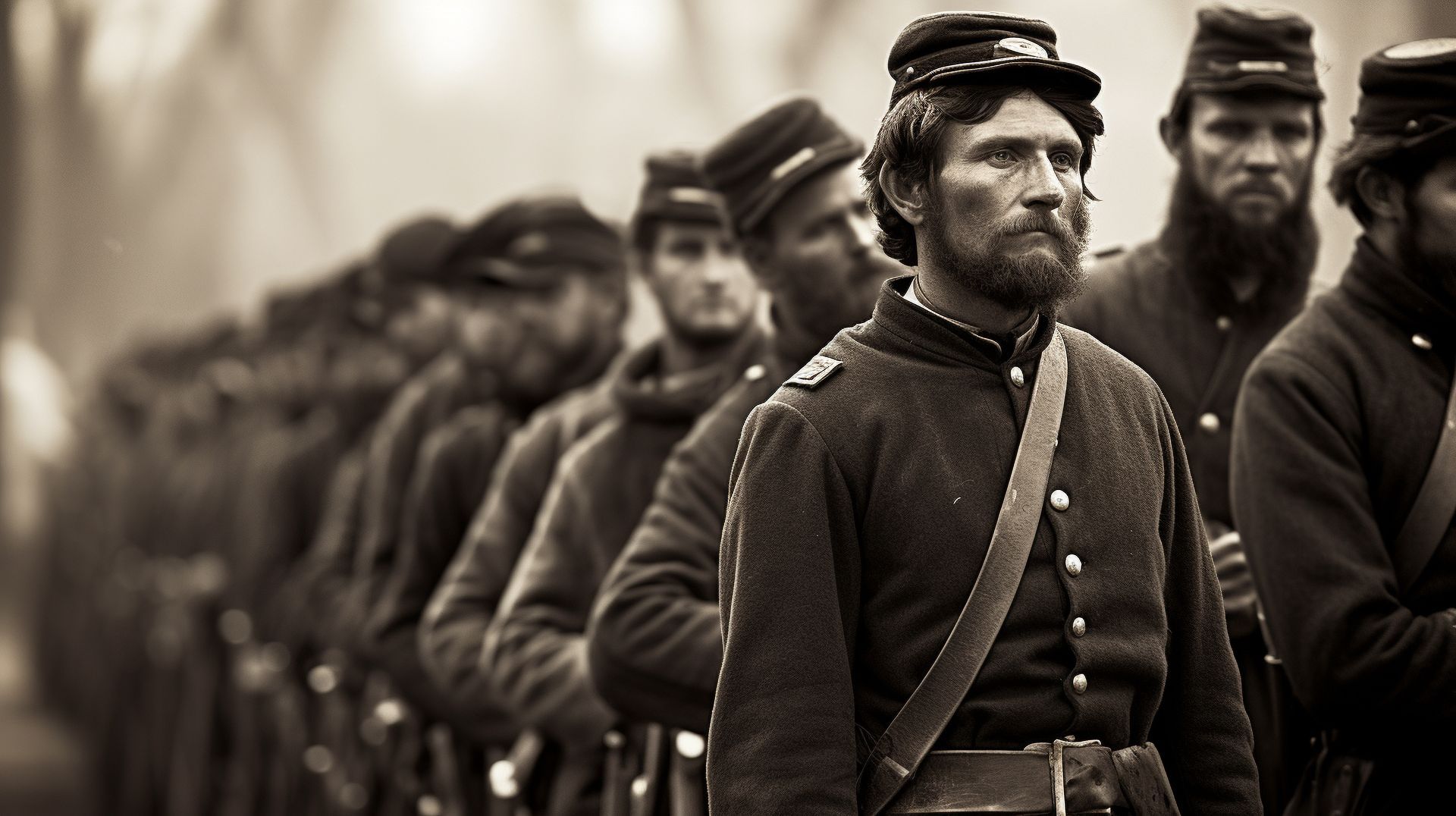A black and white photo of soldiers standing in a line