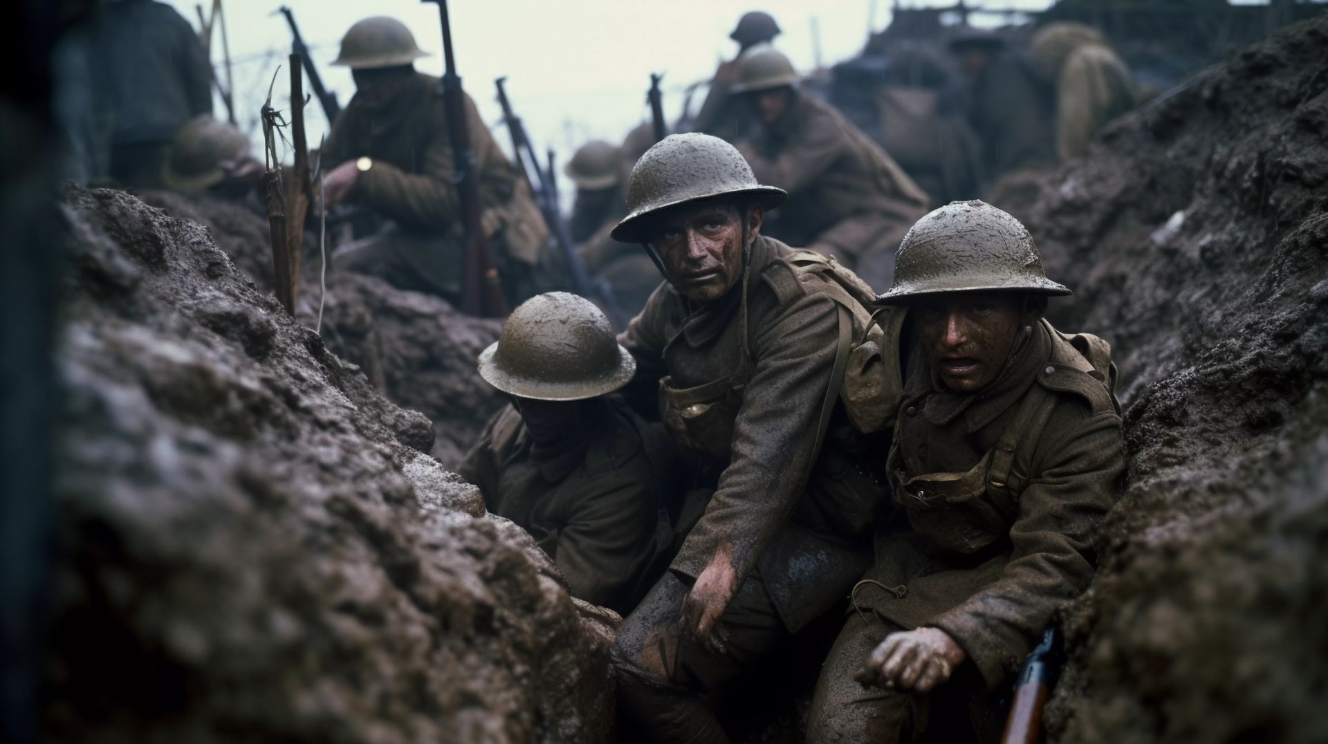 A group of soldiers are sitting in a muddy trench.