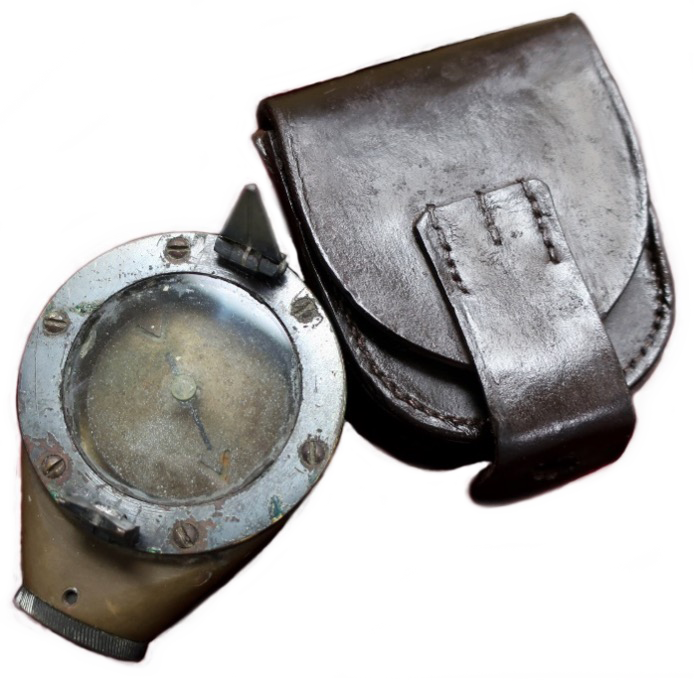 A compass with a brown leather case on a white background