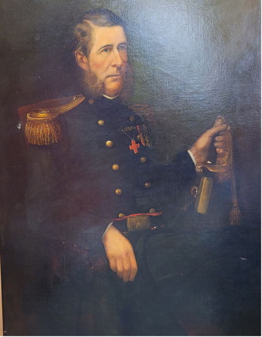 Two soldiers are standing next to each other in front of a picture
