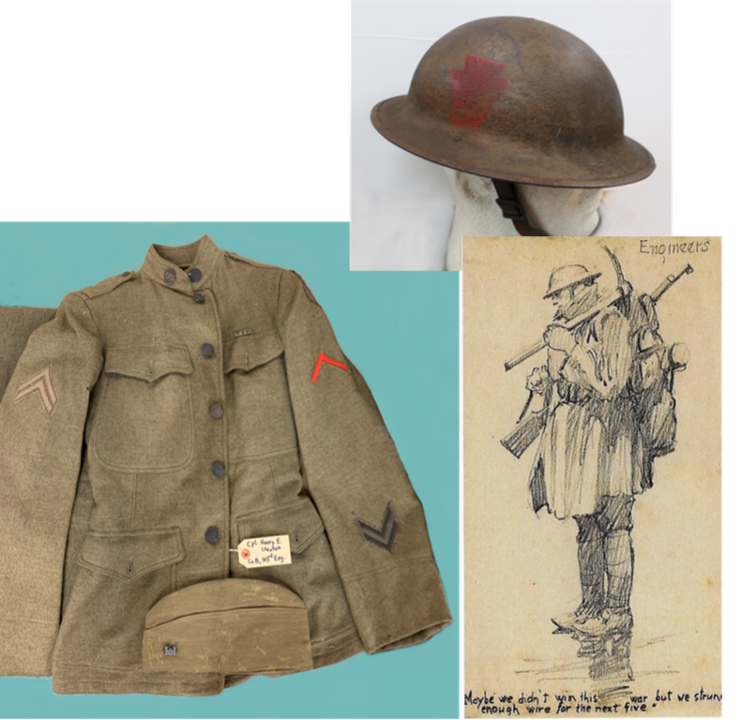 WWI military gear: Helmet with red cross, uniform with chevrons, sketch of soldier, and uniform hat.