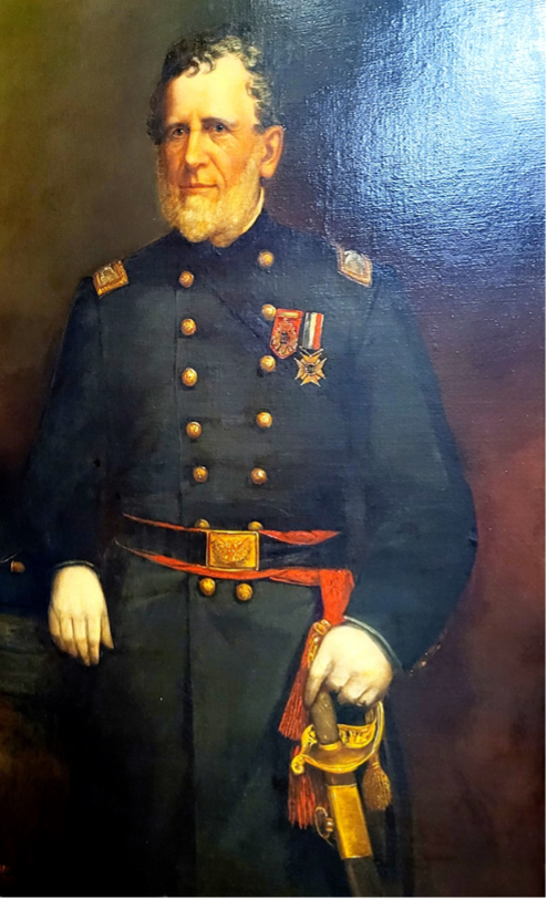 Portrait of an older man in a dark blue military uniform, holding a sword.