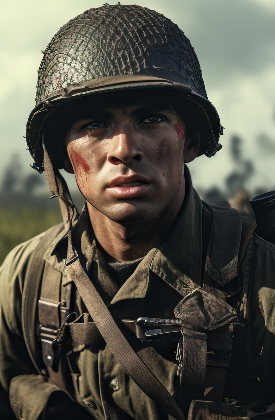 Soldier in WWII uniform, dirt-streaked face, intense gaze. Helmet, olive drab, field setting.