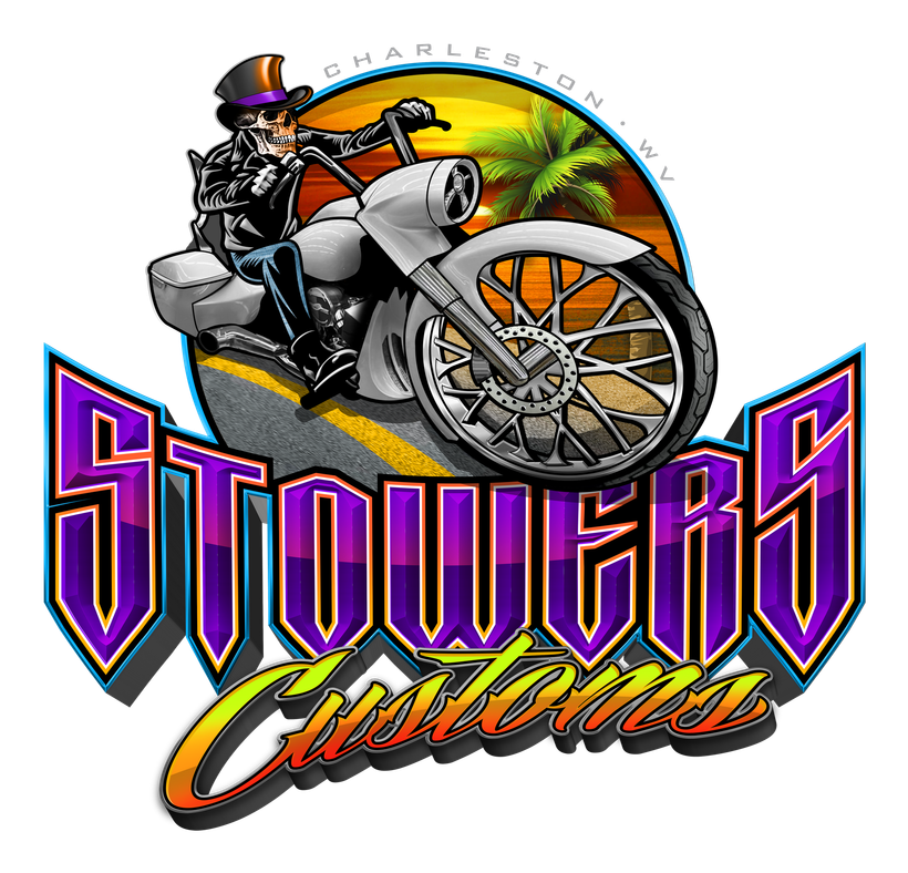 A logo for stowers customs shows a man on a motorcycle