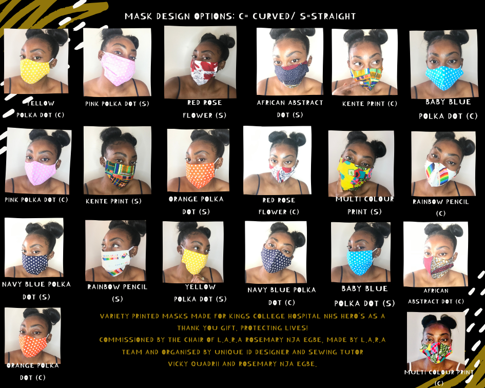 NHS MASKS By UNIQUE ID & THE LILFORD SEWING GROUP. 2 styles, 10 different fabrics, 20 options!