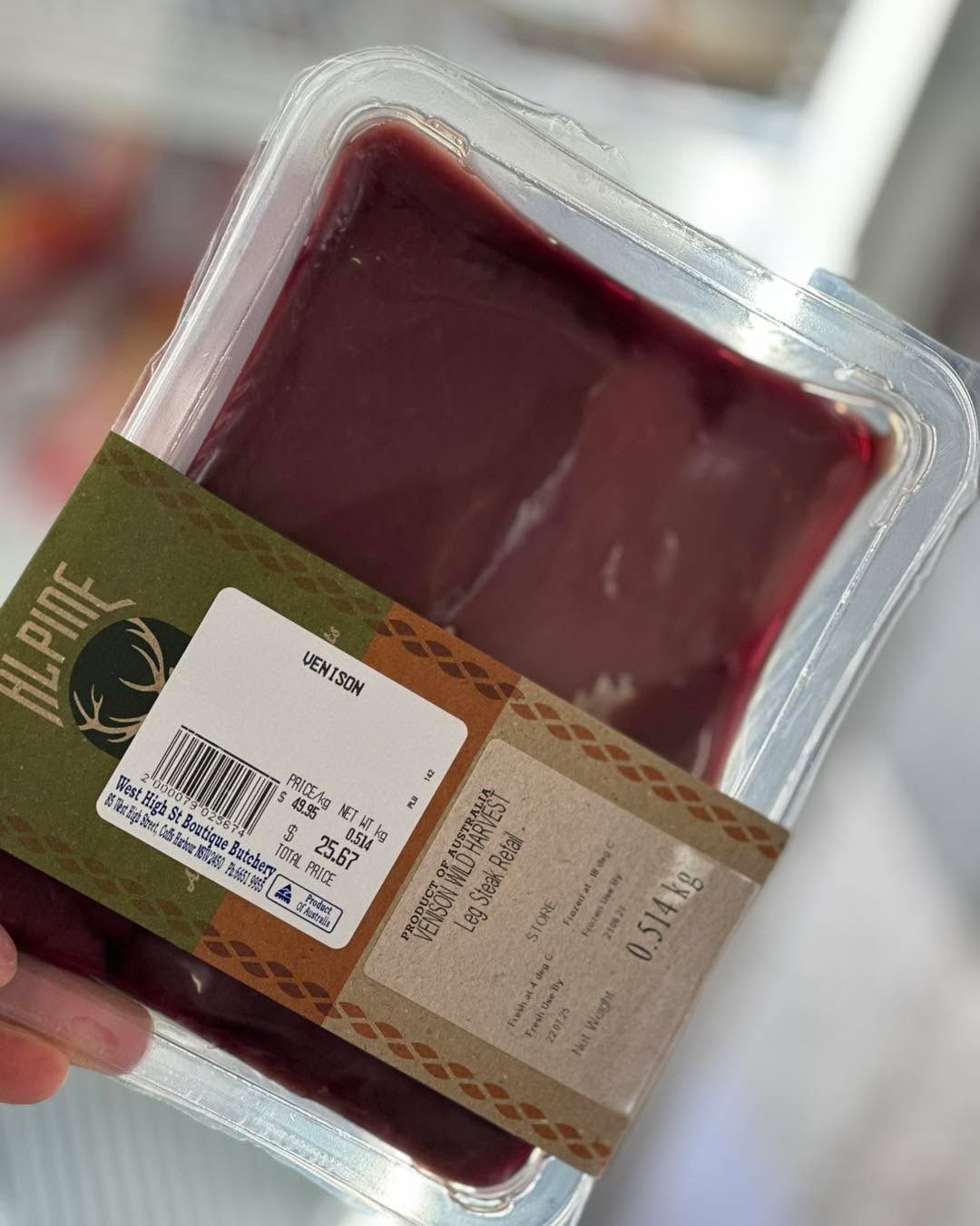 Package of dark red meat labeled 