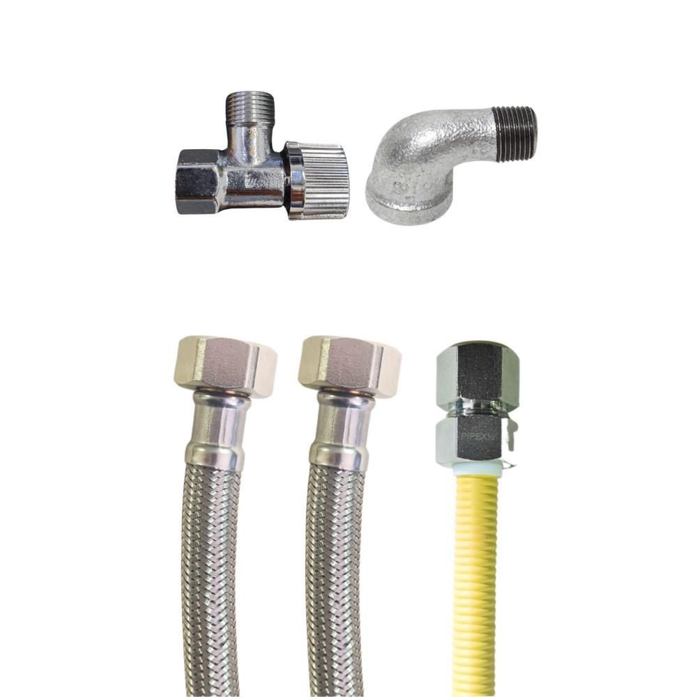 Dos accesorios de tubería de metal, dos mangueras trenzadas de acero inoxidable y una manguera corrugada