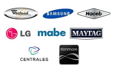 Un collage de logotipos de marcas de electrodomésticos, incluidos Whirlpool, Samsung, Haceb, LG, entre otras.
