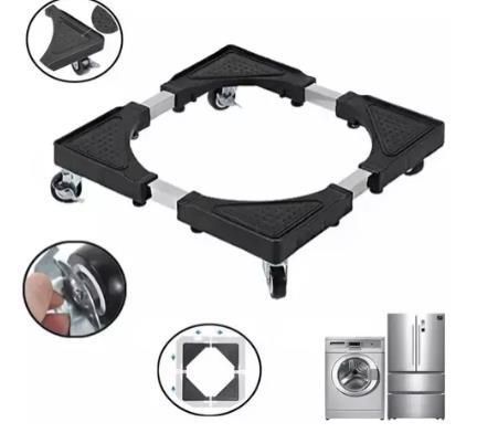 Soporte rodante regulable con ruedas bloqueables para lavadoras o frigoríficos, dotado de soportes esquineros y rieles.