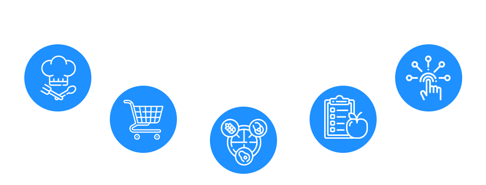 A set of icons in blue circles on a white background.