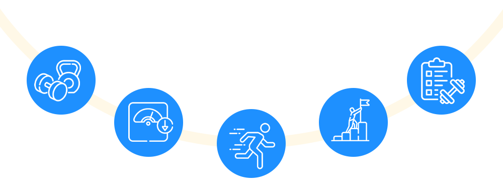 A set of blue icons on a white background.