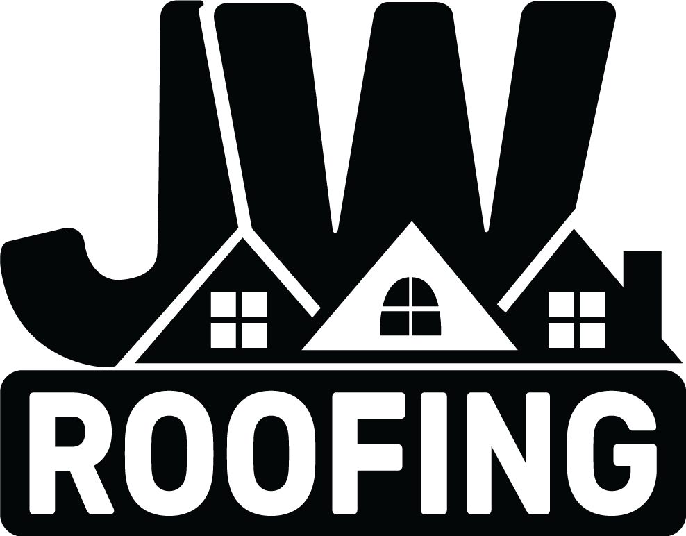Black and white JW Roofing logo with a house icon.