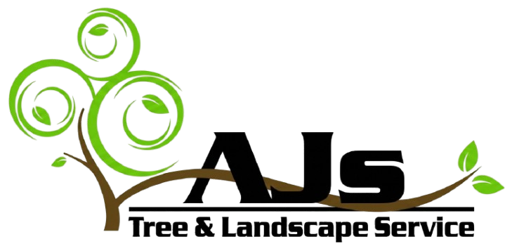 Logo for AJs Tree & Landscape Service featuring a stylized green tree graphic over black lettering.