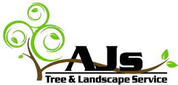 Logo for AJs Tree & Landscape Service featuring a stylized green tree graphic over black lettering.