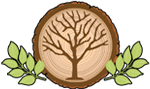 A cross-section of a tree trunk with a bare tree silhouette centered inside, flanked by small green leaves on both sides.