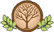 A cross-section of a tree trunk with a bare tree silhouette centered inside, flanked by small green leaves on both sides.