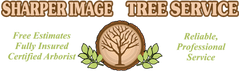 Logo for Sharper Image Tree Service, featuring a tree silhouette in a wood grain circle with text listing services.