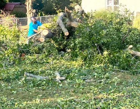 Crane truck extending over a residential neighborhood.