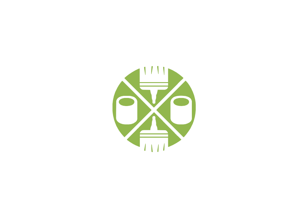 Green logo with paint cans and brushes arranged in a circle.