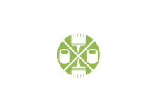 Green logo with paint cans and brushes arranged in a circle.