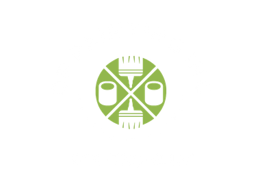 Green logo with paint cans and brushes arranged in a circle.