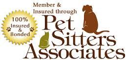 Logo for Pet Sitters Associates, featuring a dog silhouette, cat silhouette, and a gold badge.