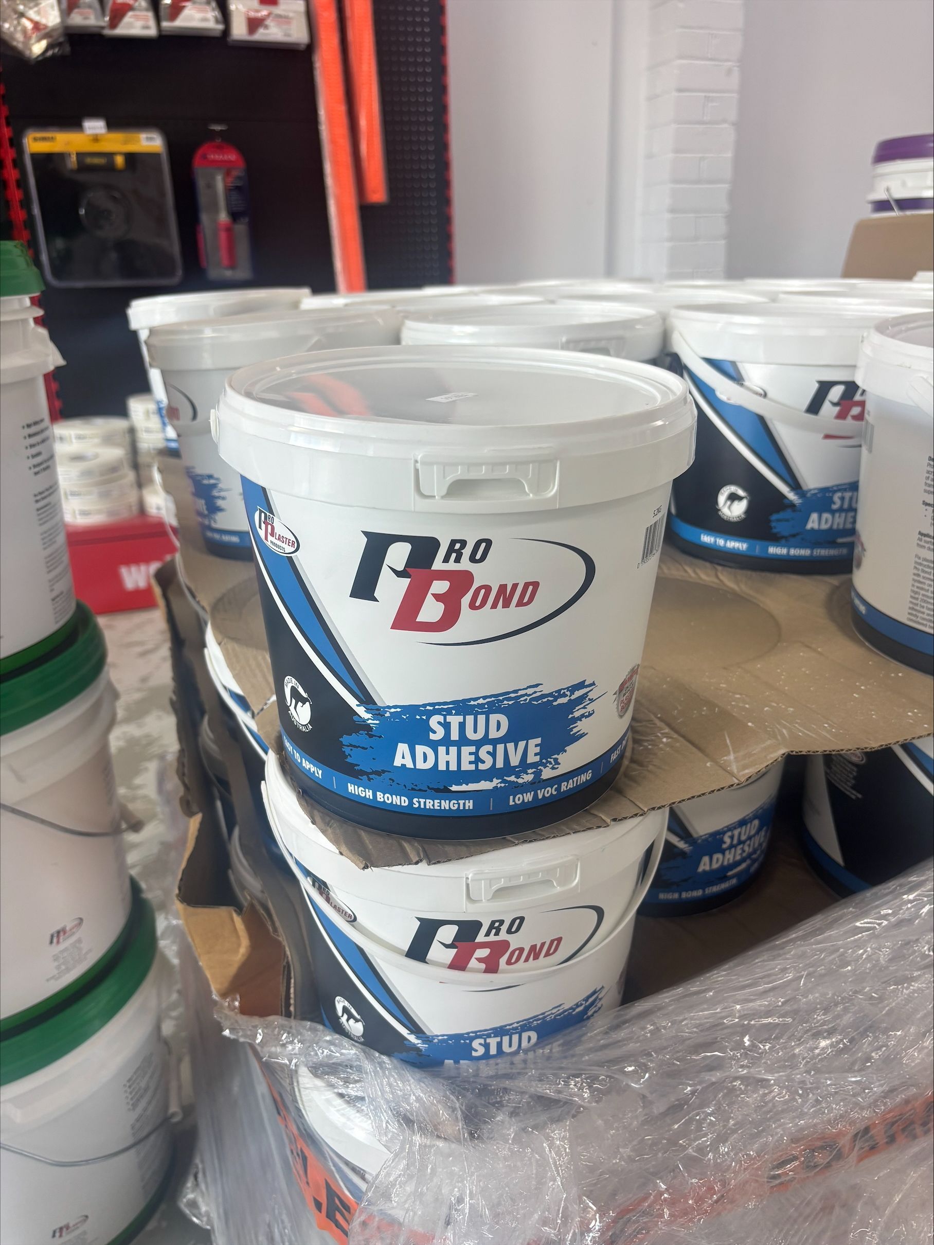 A Stack Of Stud Adhesive Buckets— North Coast Plaster Solutions in Lismore, NSW