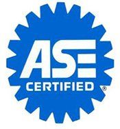 The ase certified logo is blue and white with a gear in the middle.