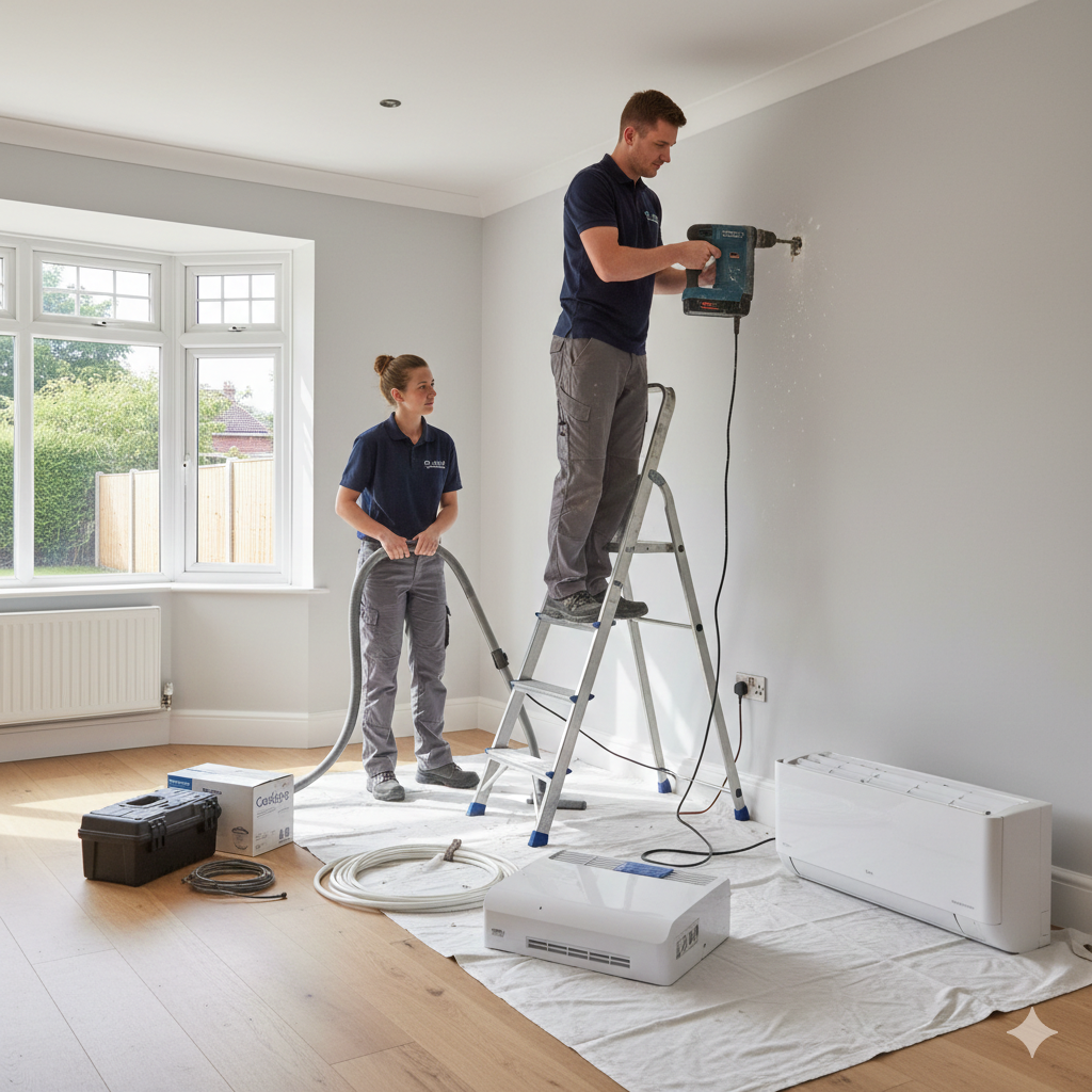 Two people installing equipment on a wall, one on a ladder using a power tool, the other vacuuming. Indoors.
