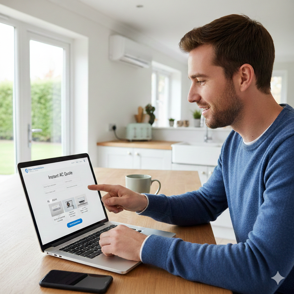 Man points at laptop screen in a kitchen, smiling. A phone and a mug sit nearby.