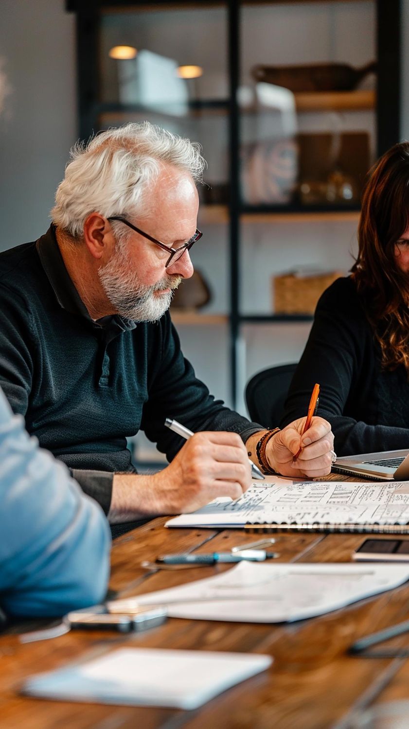 A focused individual at a wooden table in a well-lit office, writing notes in a sketchbook during a collaborative meeting.