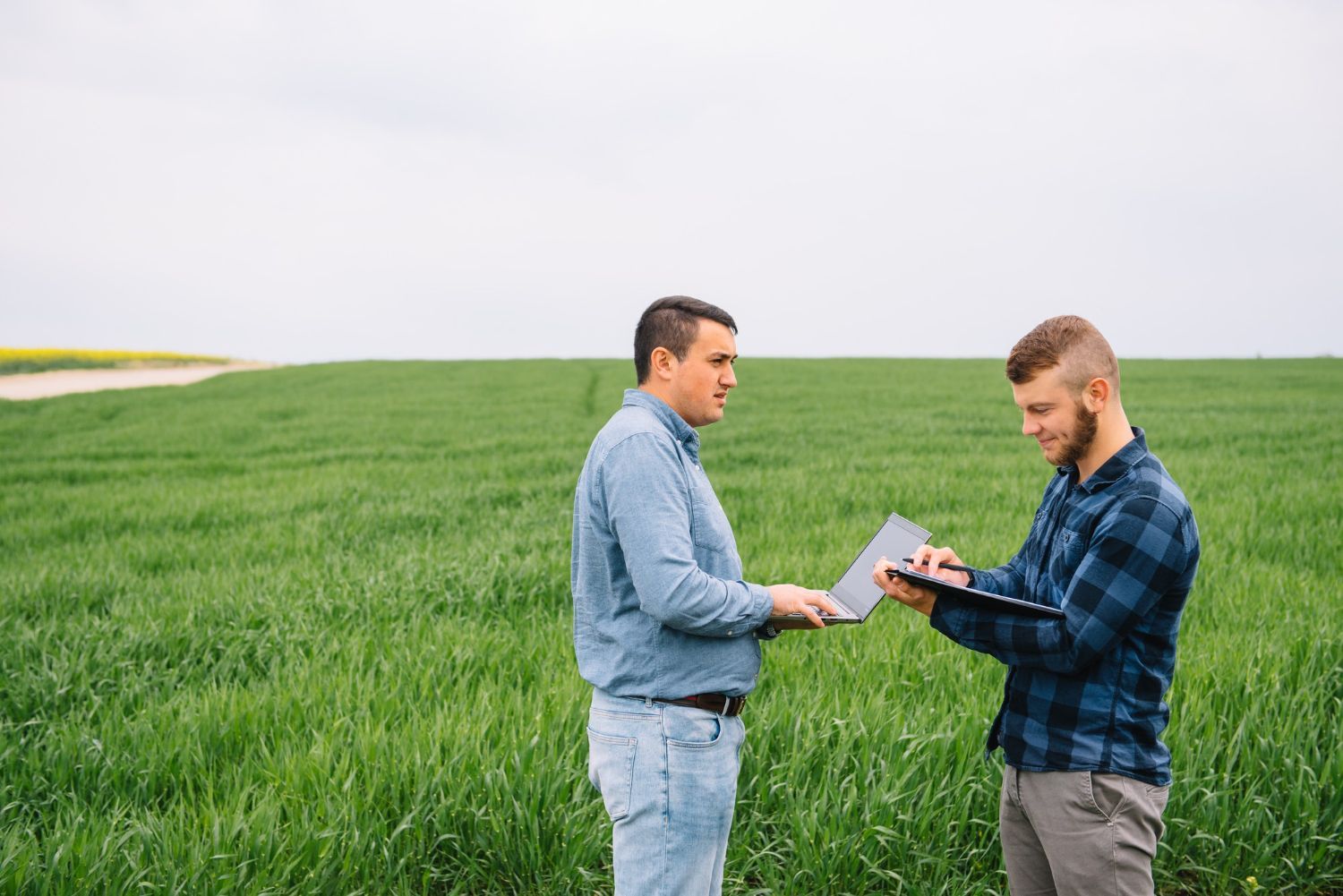Two people in a green field, one using a laptop and the other writing on a clipboard, discussing agricultural data.