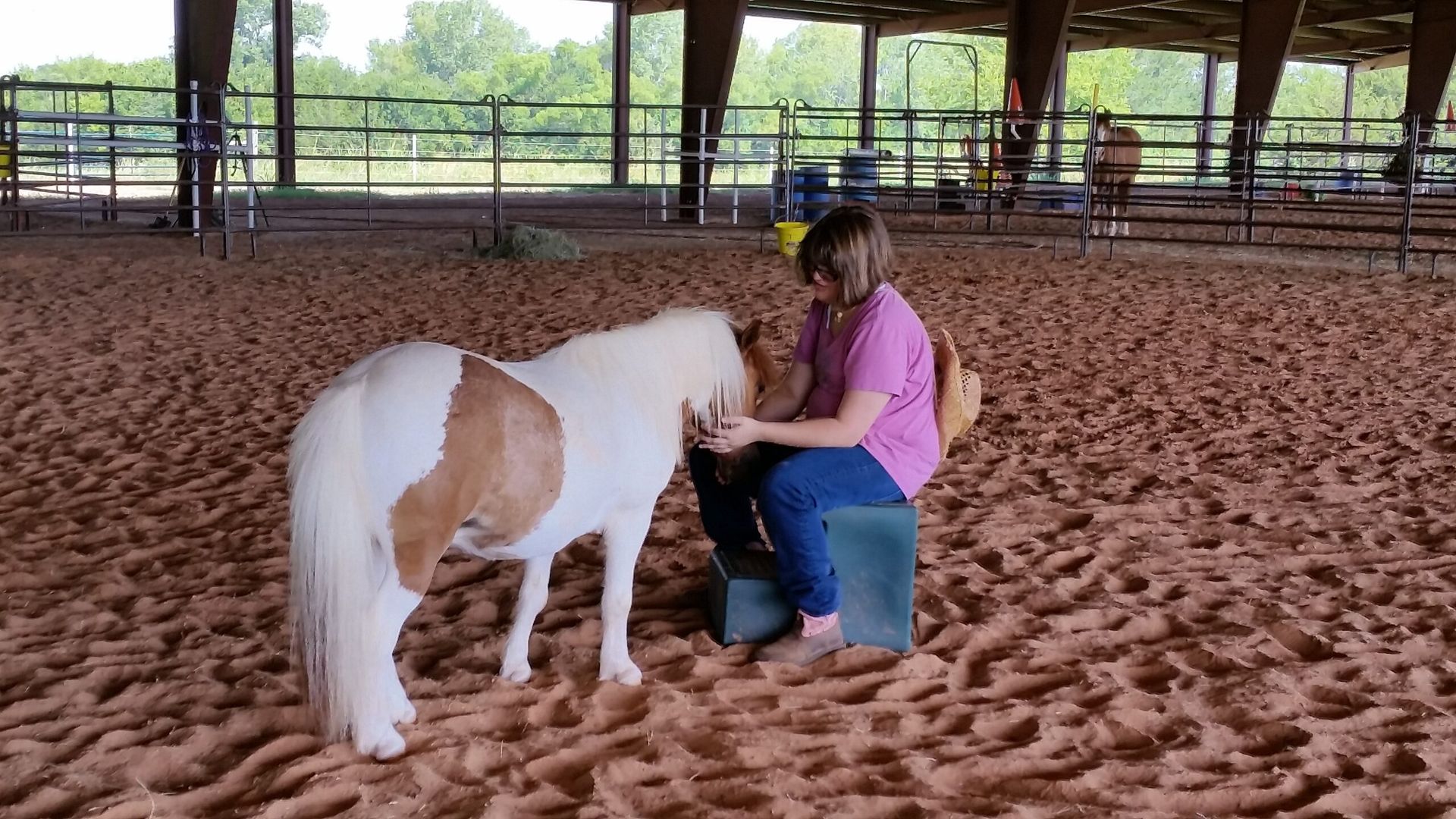 A woman is kneeling down next to a pony in a dirt arena - Anna, TX - Spirit Song Youth Equestrian Academy