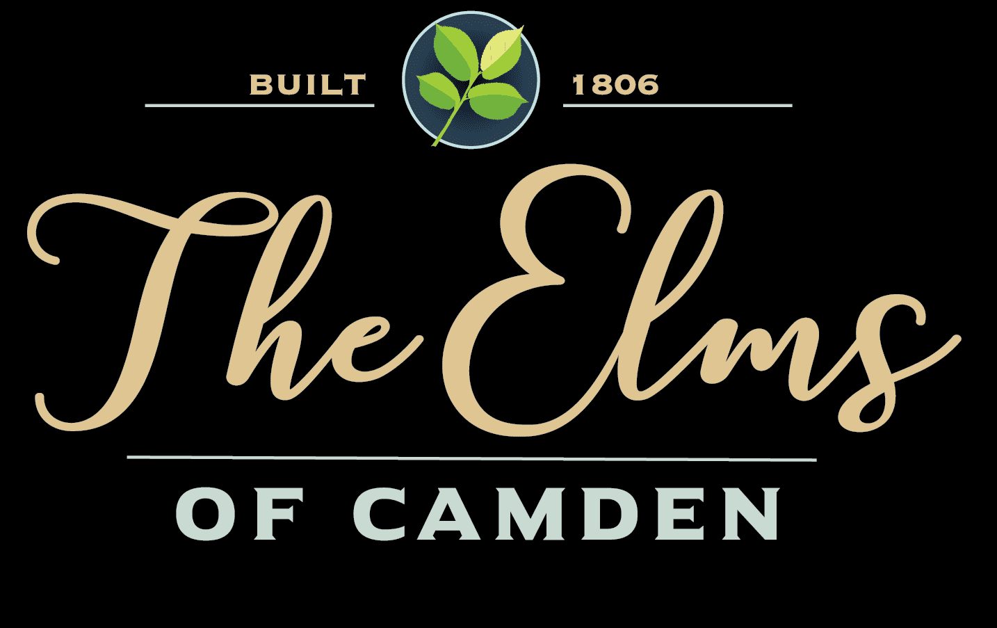 The elms of camden logo on a black background