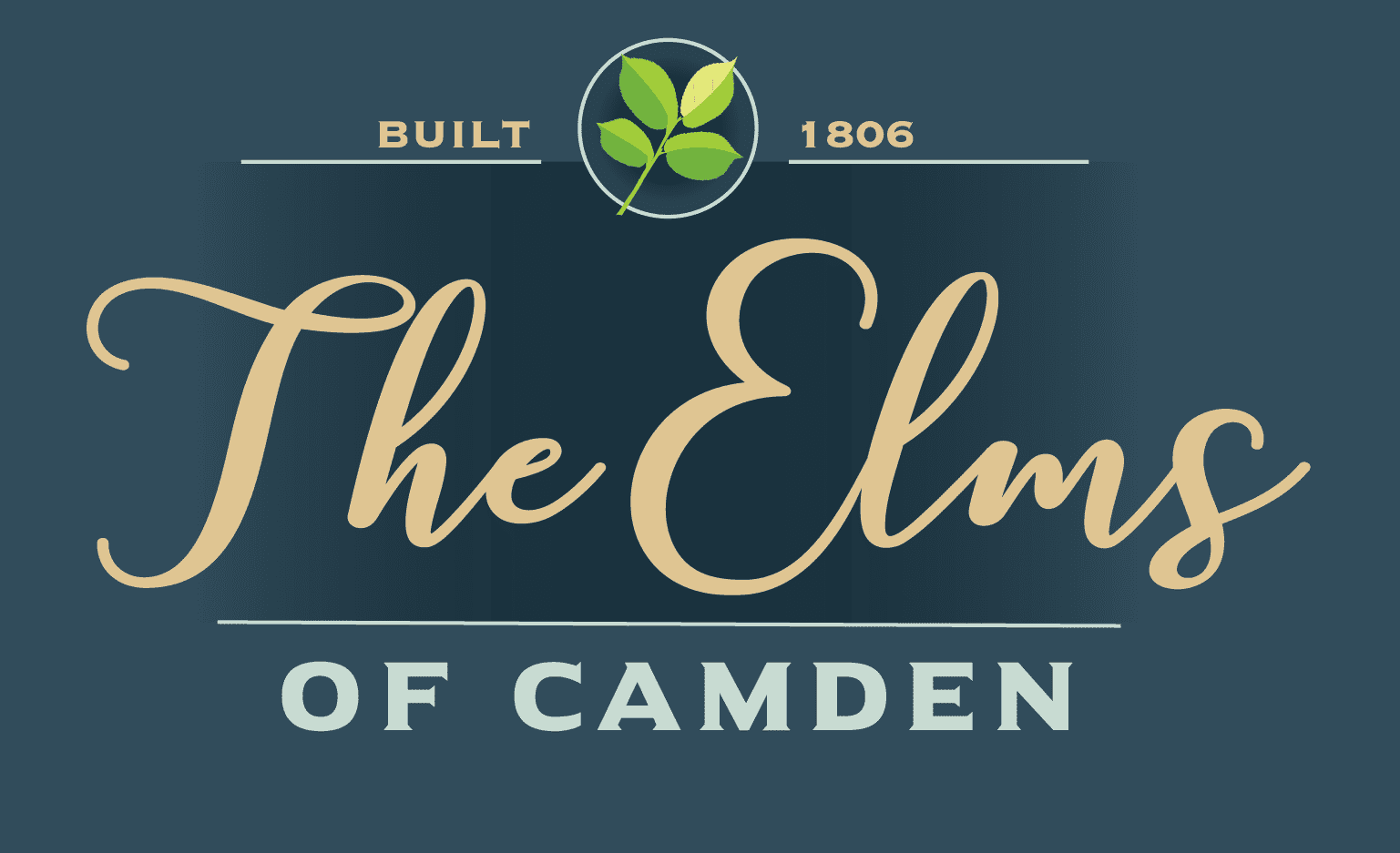 The elms of camden logo on a blue background