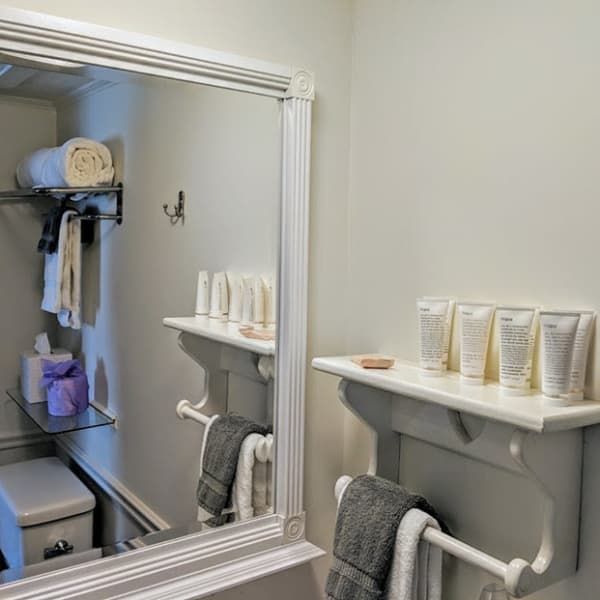 A bathroom with a mirror and a shelf with lotion on it