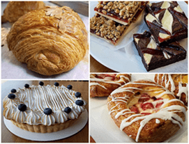A collage of four pictures of different types of pastries