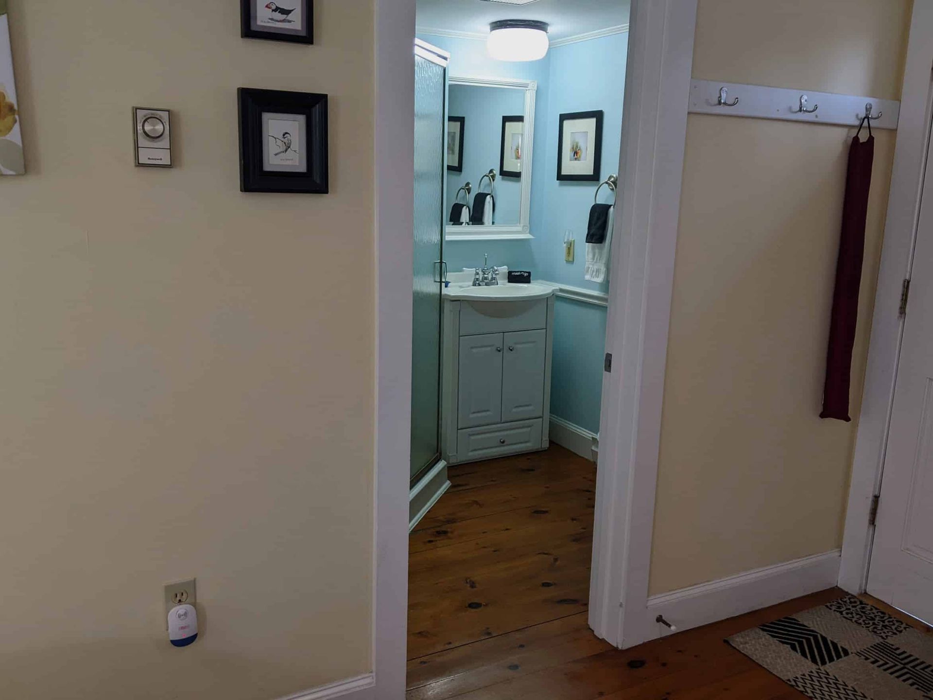 A hallway leading to a bathroom with a sink and a mirror.