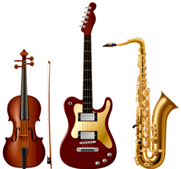A violin a guitar and a saxophone on a white background