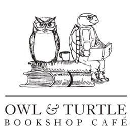 The logo for the owl and turtle bookshop cafe shows two owls and a turtle reading books.