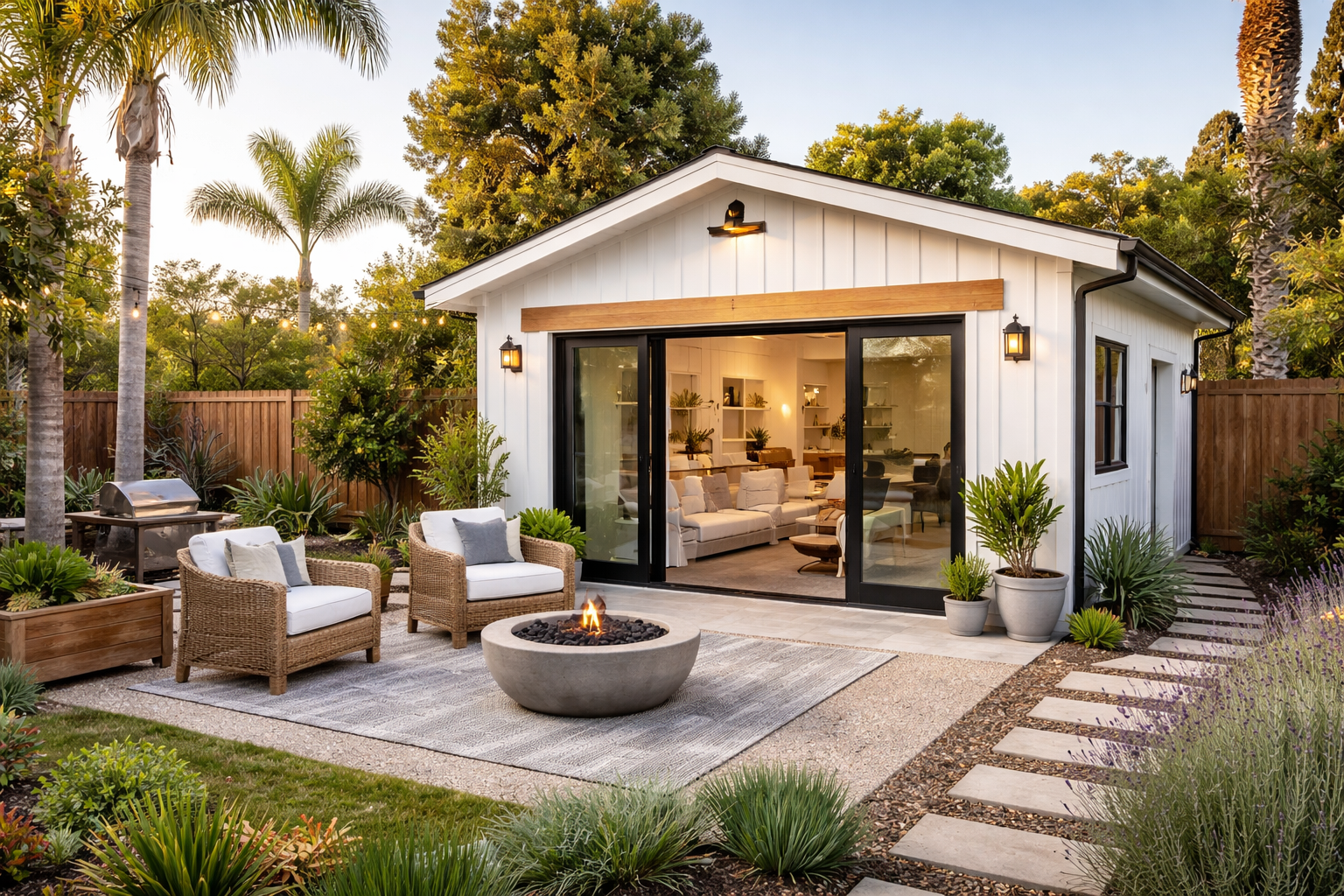 Bright living room with a beige sectional sofa, glass coffee table, and large arched windows overlooking greenery.