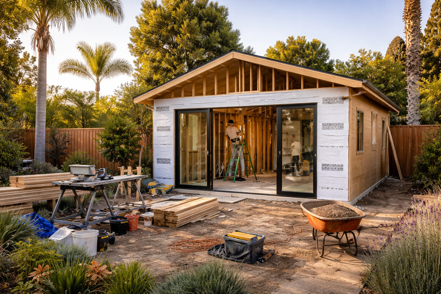Open-concept kitchen and living area with gray cabinets, stone accent wall, and a long dining table.