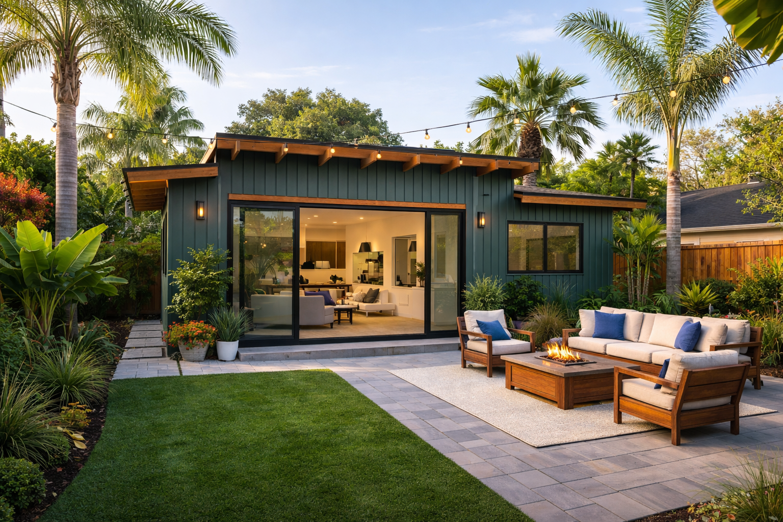 Modern gray and wood-tone kitchen with built-in oven, sink, and countertop.