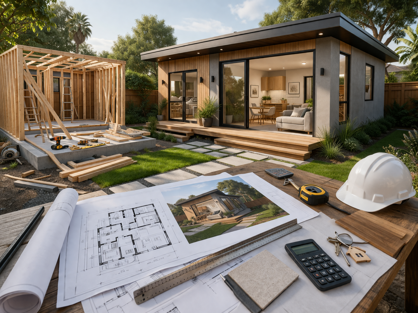 Basement interior with stairs, teal accent wall, and wood-look flooring. White walls and recessed lighting.