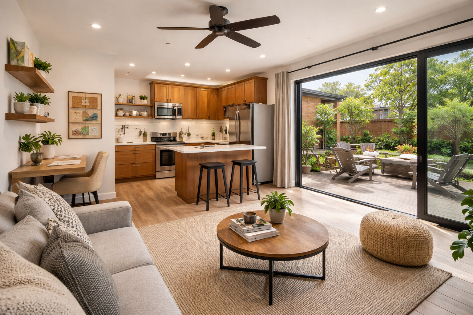 Modern bathroom with glass shower, soaking tub, double vanity, and skylight.