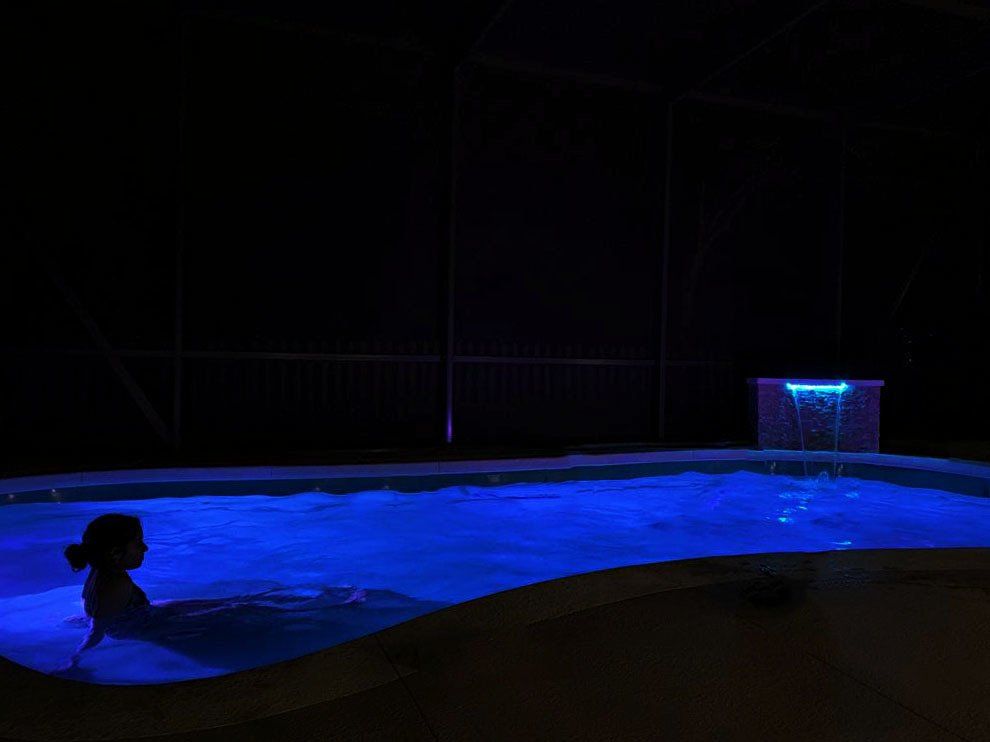 Fiberglass Swimming Pool at night blue — Gainesville, FL — Florida Leisure Pool & Spa