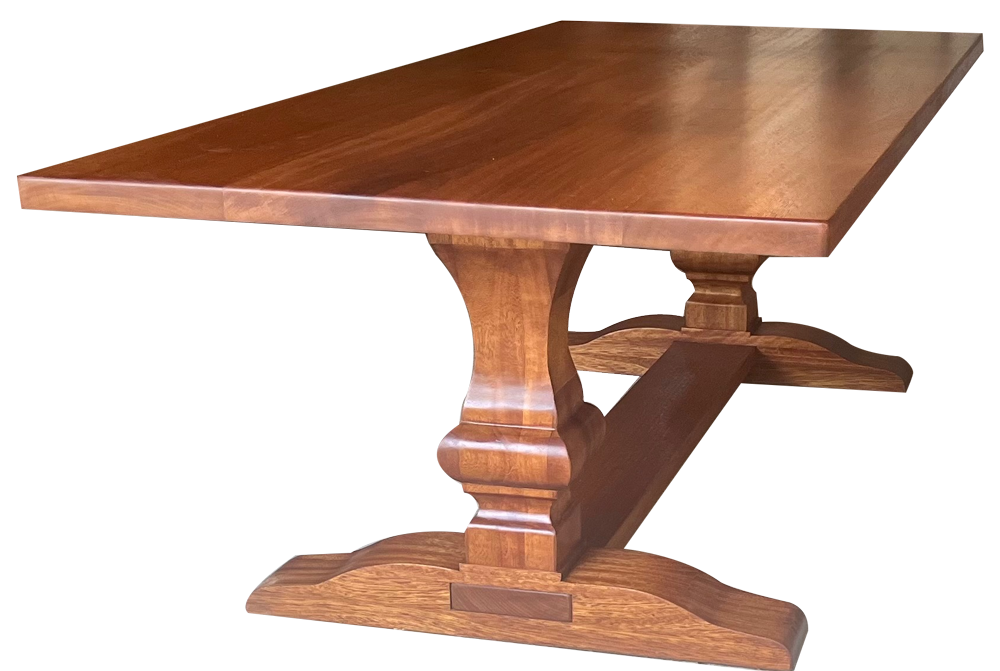 A long wooden table with a white background
