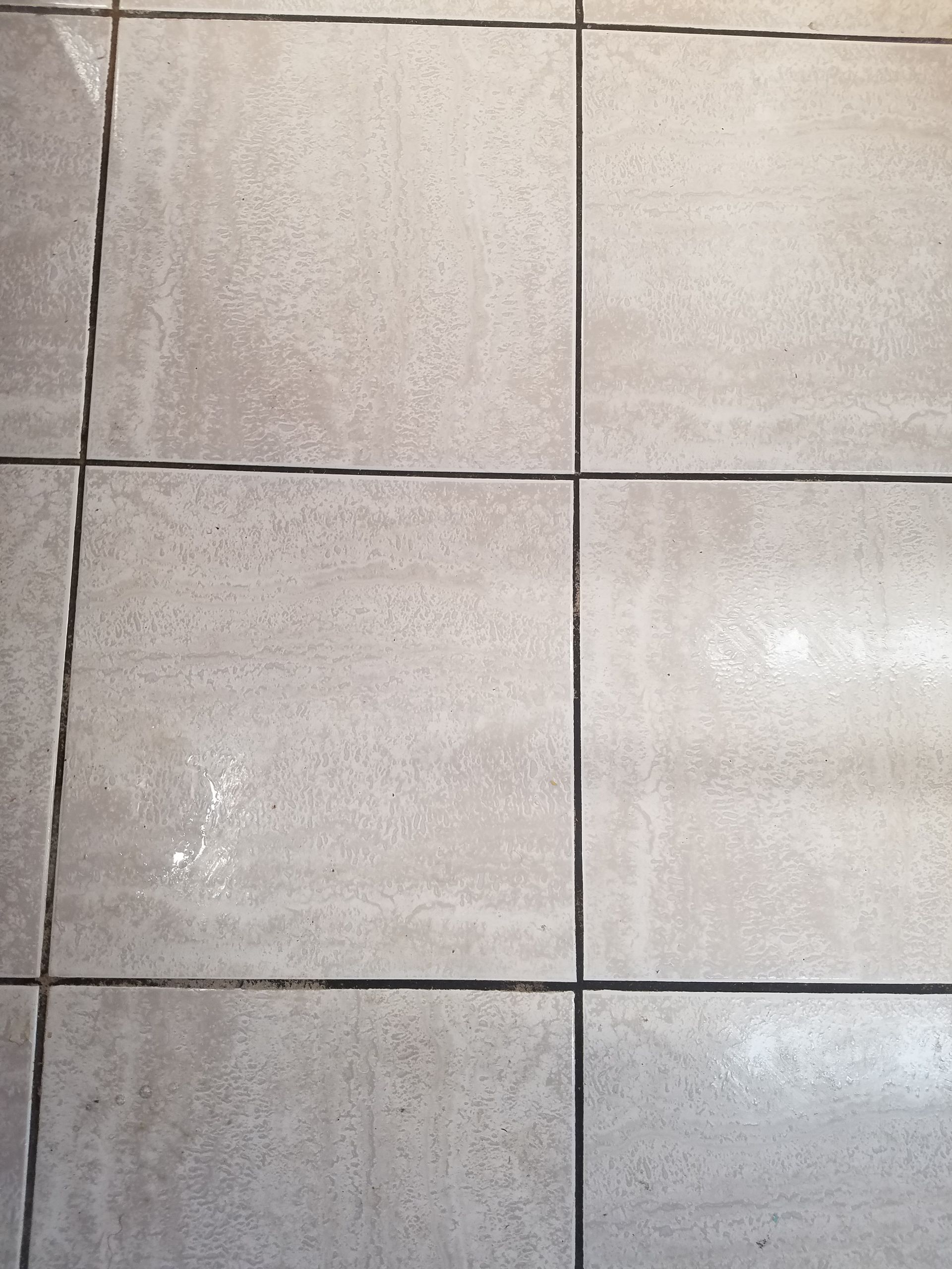 A close up of a tiled floor with a black line between the tiles.