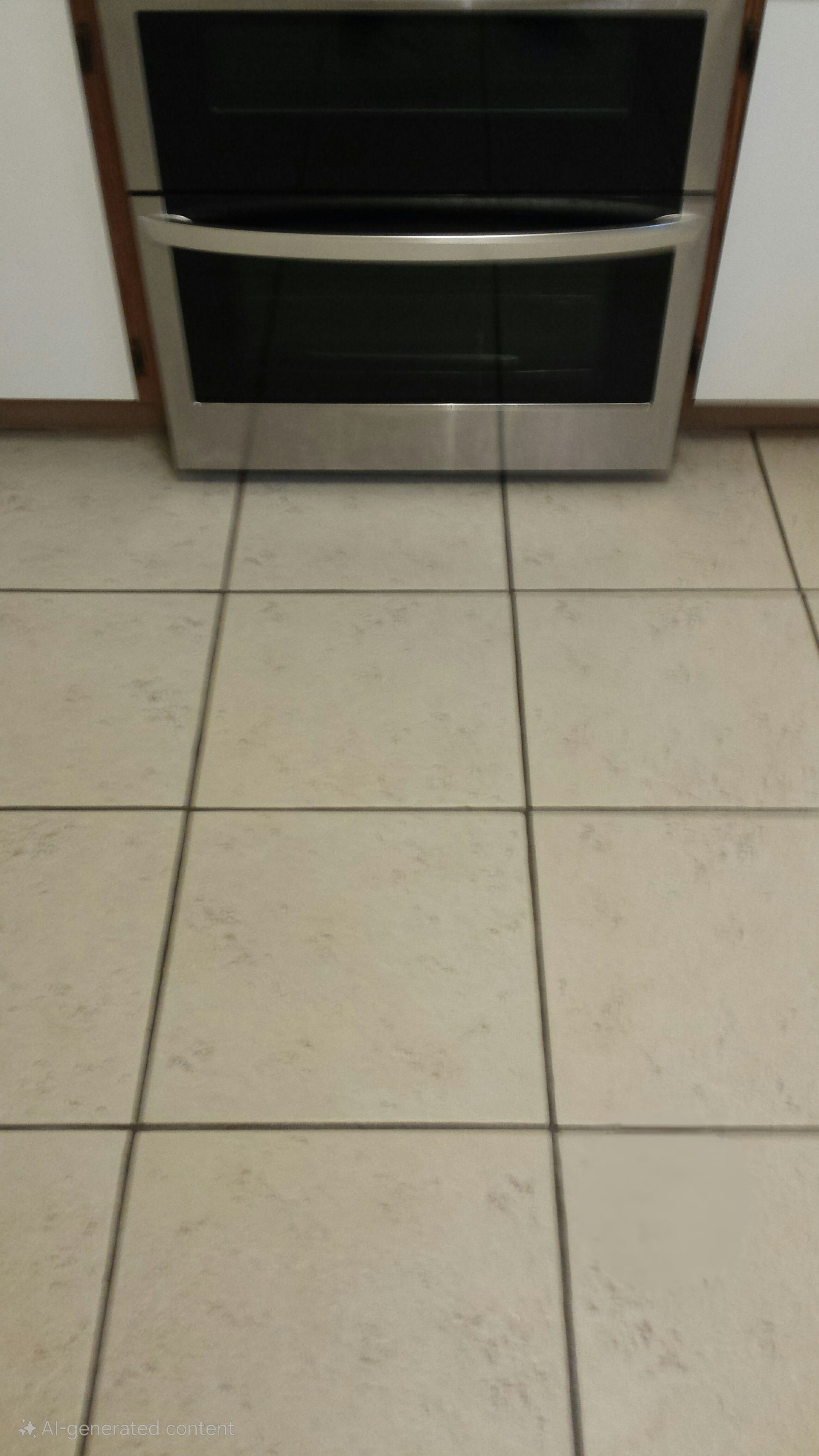 A stainless steel oven is sitting on a tiled floor in a kitchen.