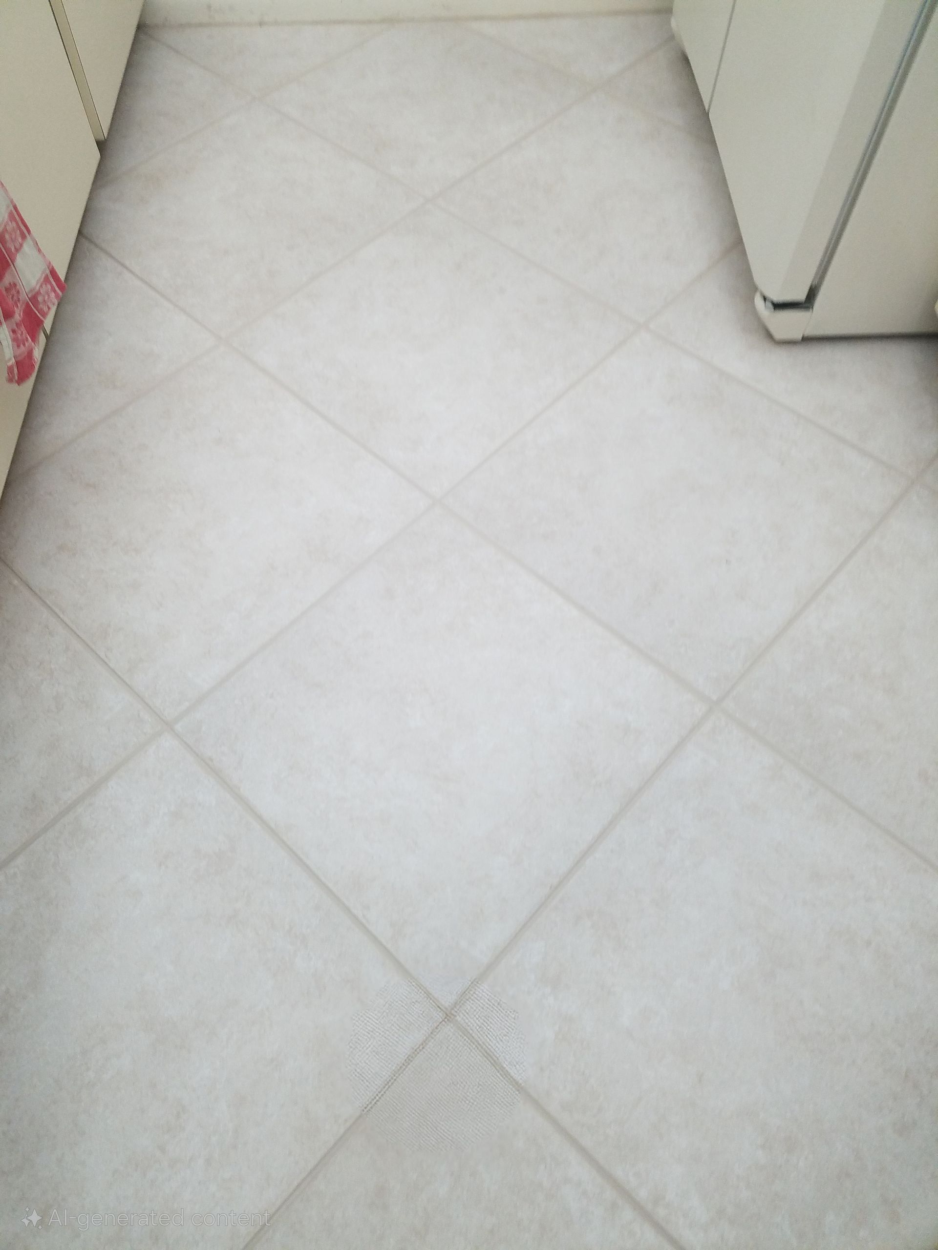 A white tile floor in a kitchen with a refrigerator in the background
